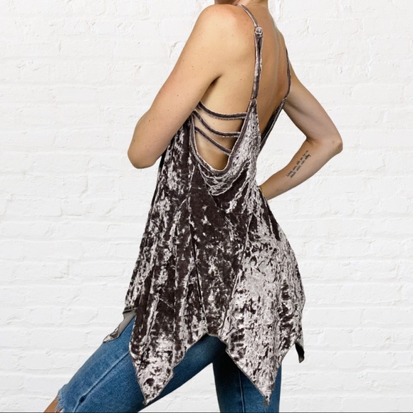 POL | Taupe Mocha Brown Crushed Velvet Cami Slip Handkerchief Cutout Tunic Dress - Picture 5 of 6